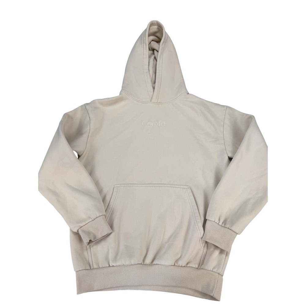 Comfrt Everyday Hoodie Cream Beige Embroidered Logo Fleece Sweatshirt Small